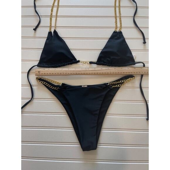 Women Bikini Swimsuit NWT Large Black 2 Piece Triangle Gold Chain Strap Tie Side - Picture 3 of 6